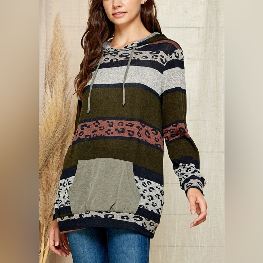 Striped Leopard Print Hoodie Olive and Gray - LARGE